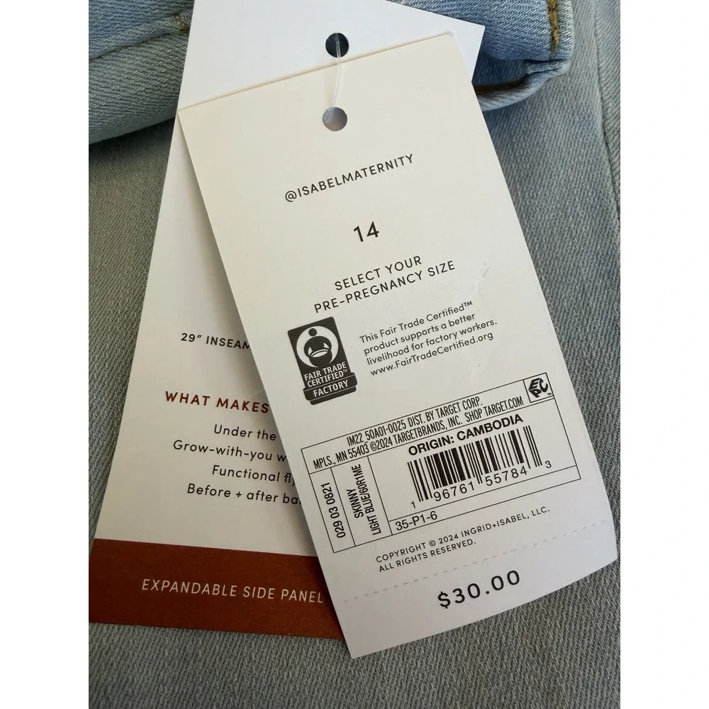 Ingrid & Isabel Maternity‎ Skinny Jeans 14 Light Wash Stretch Blue Denim NWT